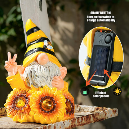 Joint Honglin Solar Garden Gnome Statue with Crystal Sunflower Lights - Outdoor Bee Gnome Figurine with Glowing Bee, Waterproof Resin Yard Art Decor for Patio, Lawn, Porch, Summer Gardening Gift