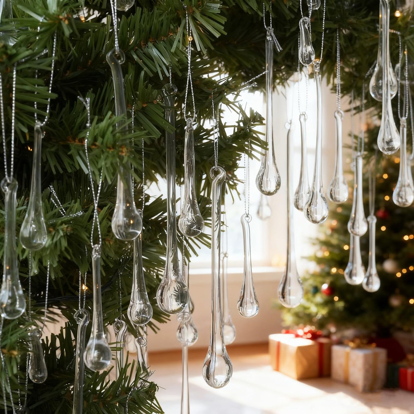 OuMuaMua 64 Pcs Glass Raindrop Christmas Ornaments Crystal Teardrop Hanging Ornaments Clear Chandelier Drop Pendant Decorations for Christmas Tree Winter New Year Party Supplies Home Decor