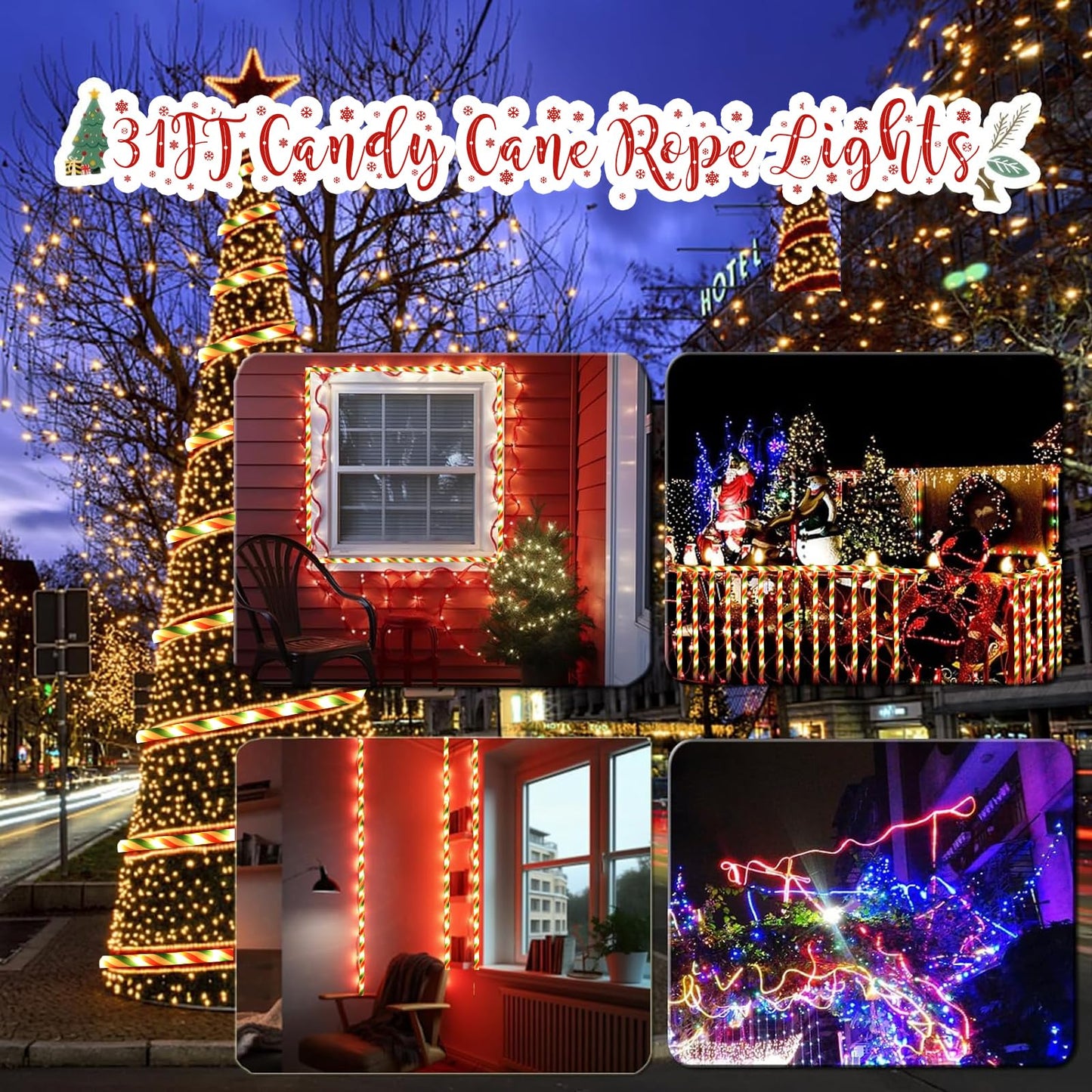 Vigdur Christmas Candy Cane Lights - 33FT LED Candy Cane Rope Lights Outdoor Waterproof Decorative Christmas Lights for Holiday Party Home Patio Indoor Xmas Decorations(360 LEDs)