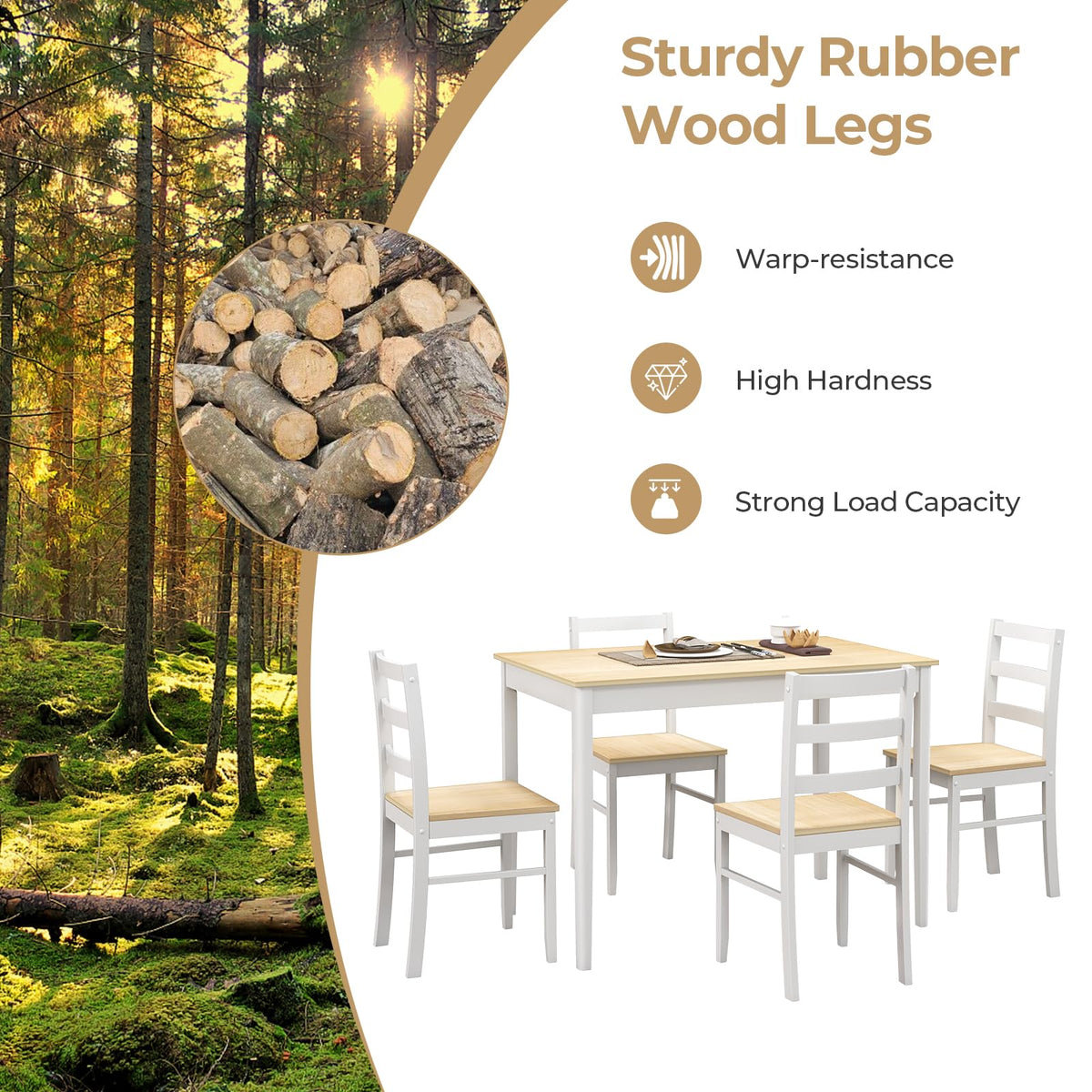 Tangkula Dining Table Set for 4, Solid Wood, Farmhouse Dinette Set w/Rubber Wood Legs, Compact Dining Table and Chairs Set for Kitchen, Dining Room (Natural+White)