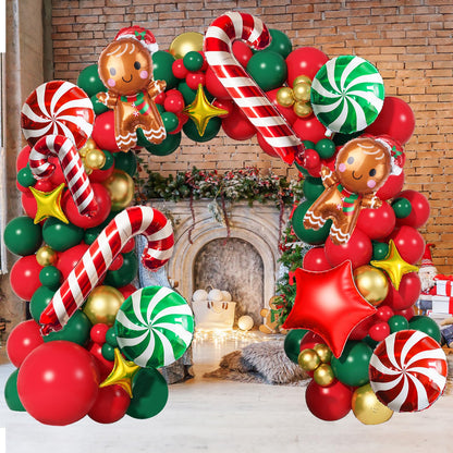 Christmas Balloon Garland Arch Kit Red Green Gold Latex Balloons Large Gingerbread Man Red Green Lollipop Candy Mini Cane Foil Balloons with Four/Five Pointed Star for Xmas New Year Party Decorations