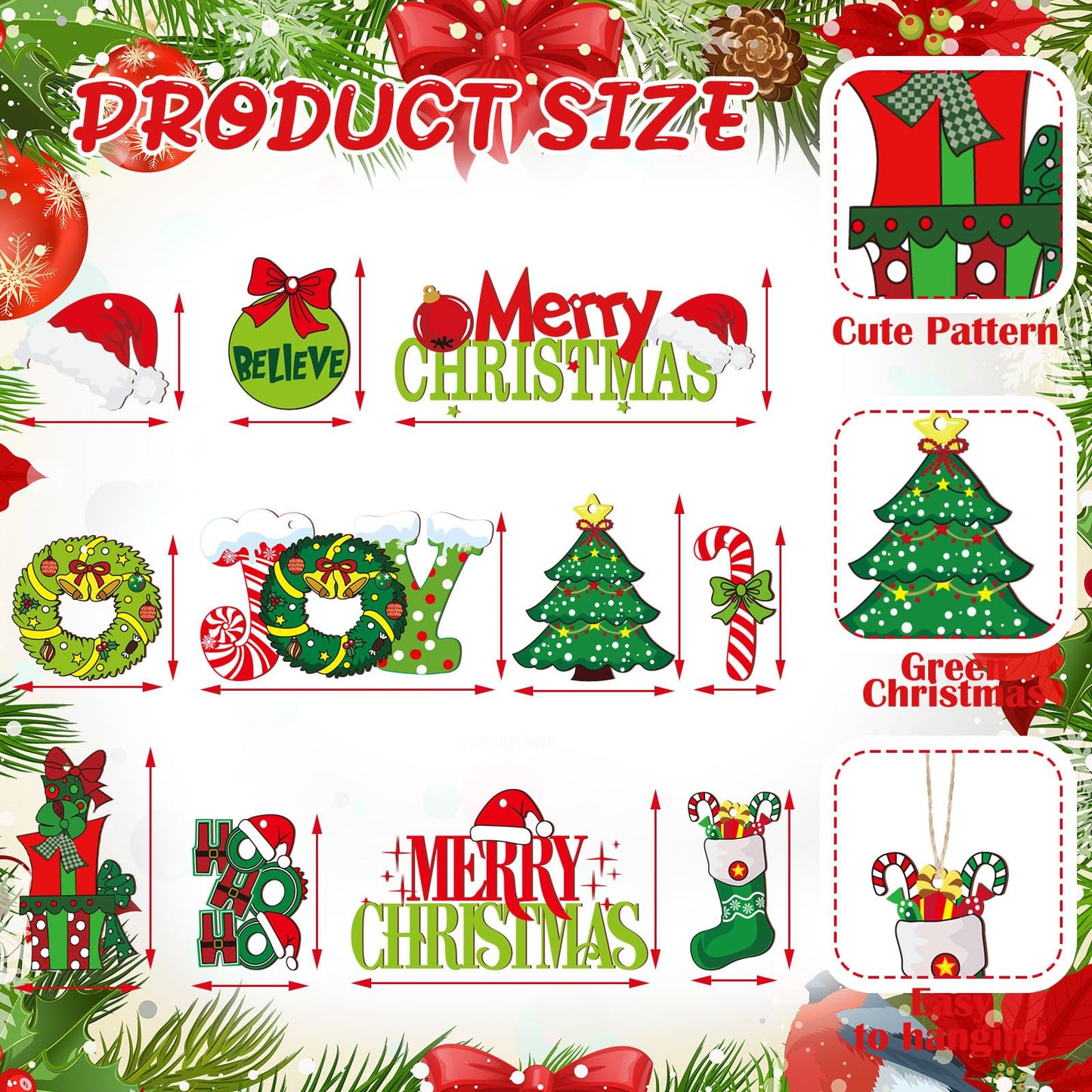 AceOrbit 48 Pcs Christmas Tree Ornaments Lime Green Wood Christmas Tree Ornaments with Rope Xmas Wood Cutouts Hanging Decorations Gift Box Santa Hats Candy Canes for Xmas Wreaths Home Winter Decor