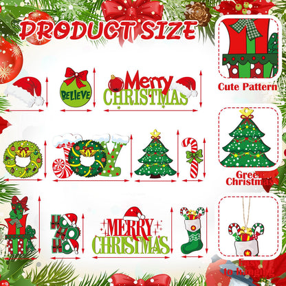 AceOrbit 48 Pcs Christmas Tree Ornaments Lime Green Wood Christmas Tree Ornaments with Rope Xmas Wood Cutouts Hanging Decorations Gift Box Santa Hats Candy Canes for Xmas Wreaths Home Winter Decor