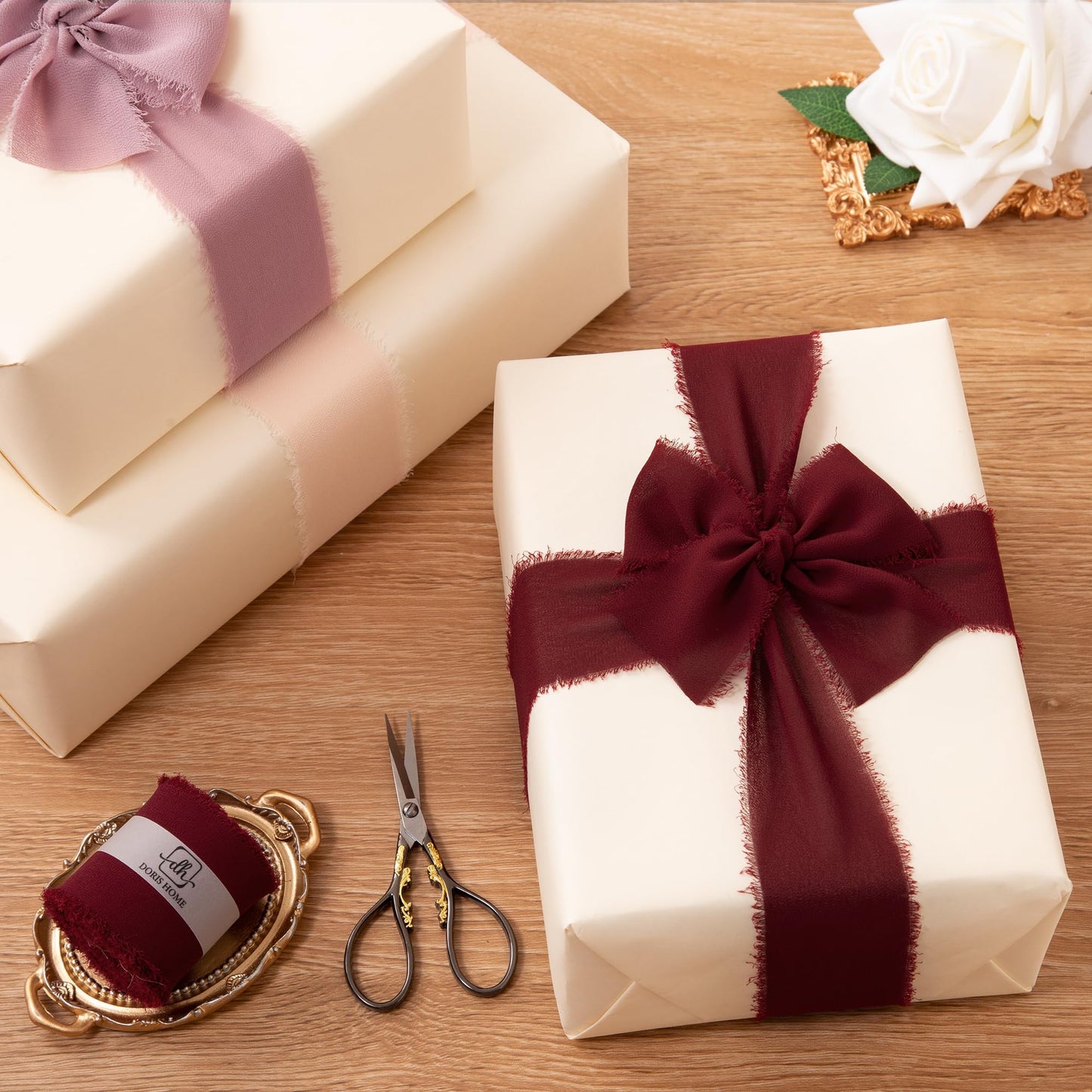 DORIS HOME Burgundy Chiffon Ribbon for Flower Bouquet, 2" x21Yd Fabric Ribbon for Gift Wrapping, Handmade Frayed Ribbon for Wedding, Chiffon Silk Ribbon for Christmas Decorations