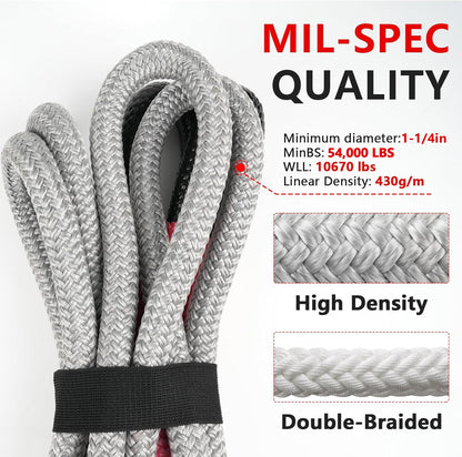 NTR 1-1/4" x 30' Kinetic Recovery Tow Rope (54,000lbs), with 2 UHMWPE Soft Shackles (56,000lbs), Heavy-Duty Offroad Snatch Strap, Vehicle Recovery kit for Jeep car Truck ATV UTV SUV, Grey