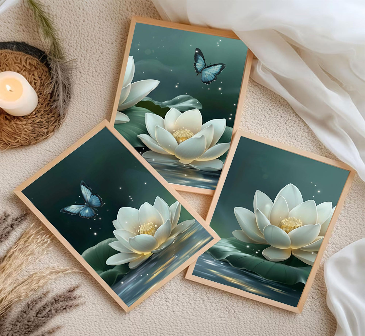 3pcs Zen Lotus Canvas Wall Art Calm White Lotus Blooming In The Water Posters Prints Spiritual Yoga Spa Themed Wall Decor Pictures for Meditation Rooms Yoga Studios And Zen Enthusiasts Decoration