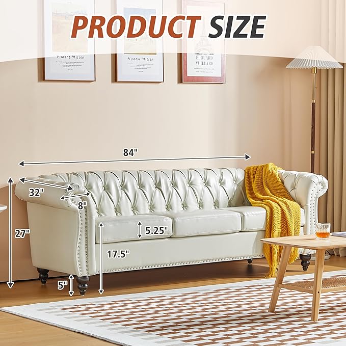 ORRD 3 Piece Living Room Set, Chesterfield Faux Leather Sofa Loveseat Couch