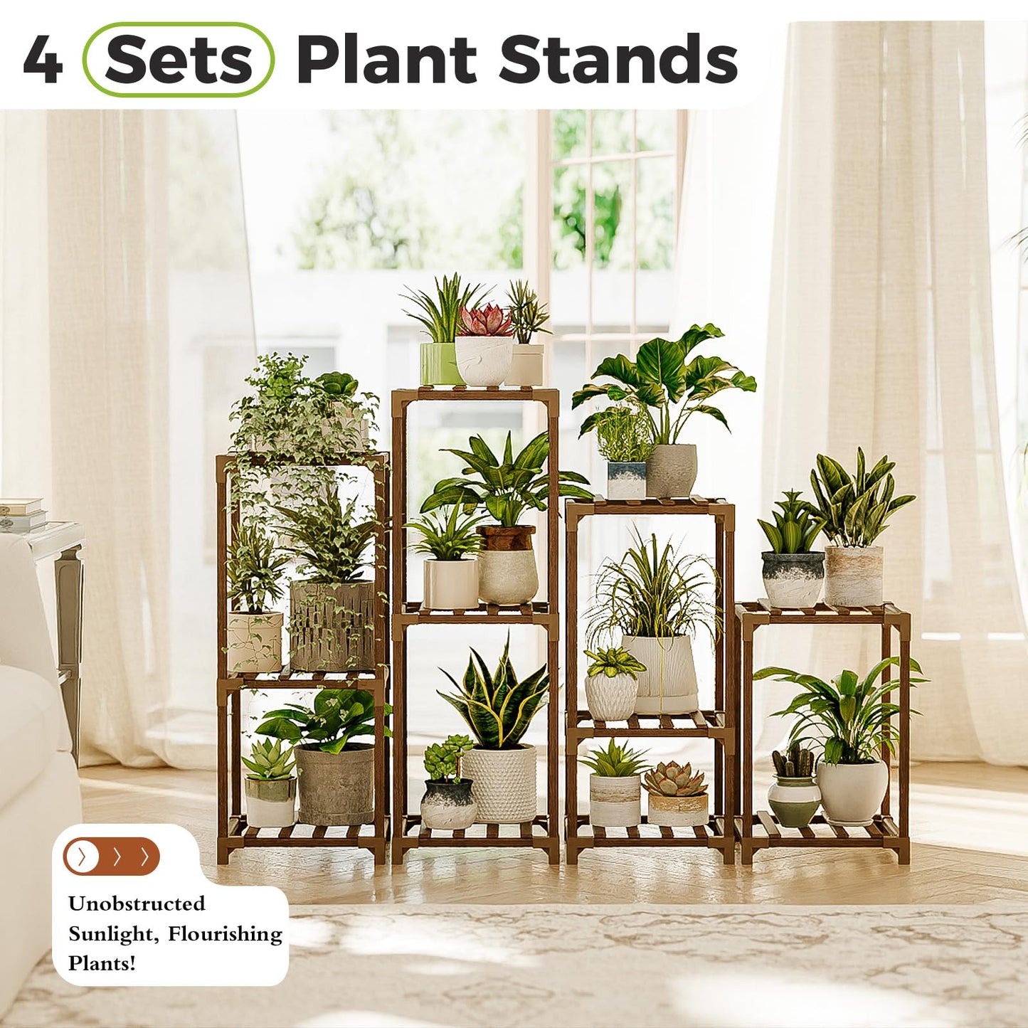 Bamworld Plant Stands Indoor 4 Sets Plant Shelves Outdoor Wooden Plant Holder for Multiple Plants Flower Stands for Living Room Balcony Garden Patio Lawn Window