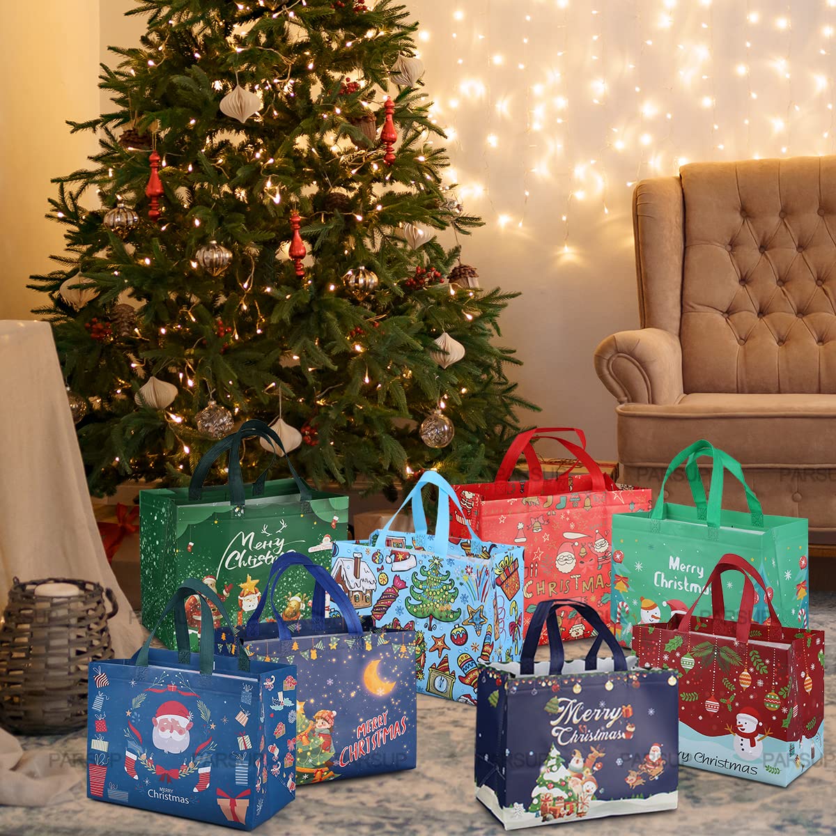PARSUP 8PCS Christmas Gift Bags, Non-Woven Tote Treat Christmas Bags with Handles for Gifts Wrapping Shopping, Xmas Party Supplies, 12.8"×9.8"×6.7"