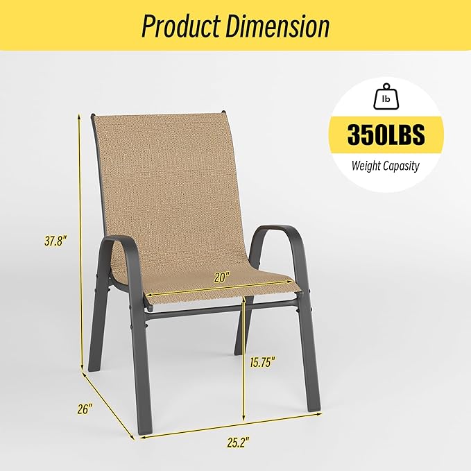 Betterhood Patio Chairs Set of 6, Stackable Outdoor Dining Chairs Set with Breathable Seat Fabric, All-Weather Powder-Coated Metal Frame for Deck, Pool Side and Backyard, 350LBS Capacity (Khaki)