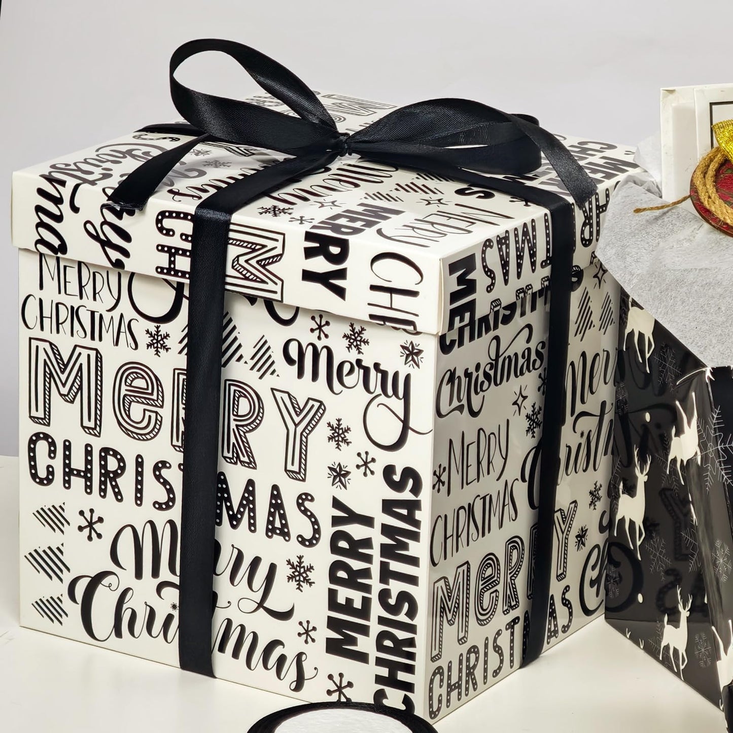 Cinrobiye 4 Pcs Christmas Gift Boxes with Lid,Ribbon and Tissue Papers,9" Black and White Christmas Winter Square Cardboard Box for Gift Wrapping Holiday Present Birthday Assorted Design (Black White)