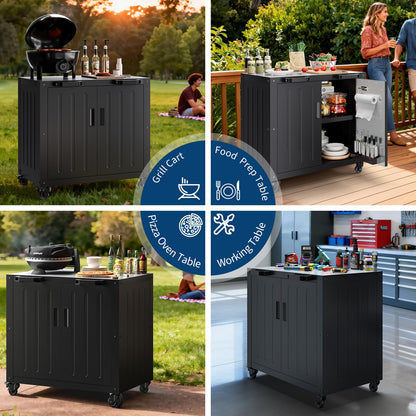 GarveeLife Grill Table, Outdoor Grill Cart with Storage Cabinet, Movable Outdoor BBQ Grilling Table, Made Entirely of Stainless Steel, Outdoor Grilling Station for Kitchen Prep, Lawn & Garden
