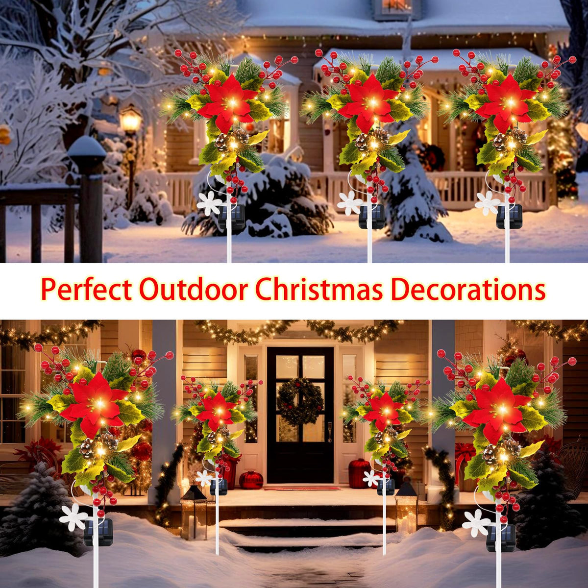 stadeco Solar Christmas Decorations Outdoor, 32 Inch Solar Christmas Cross Stake Lights, Waterproof Grave Decorations with Poinsettia Flower Pinecones Red Berries for Garden Yard Patio Lawn Cemetery