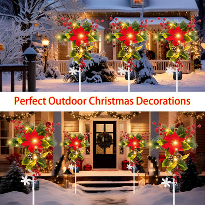 stadeco Solar Christmas Decorations Outdoor, 32 Inch Solar Christmas Cross Stake Lights, Waterproof Grave Decorations with Poinsettia Flower Pinecones Red Berries for Garden Yard Patio Lawn Cemetery
