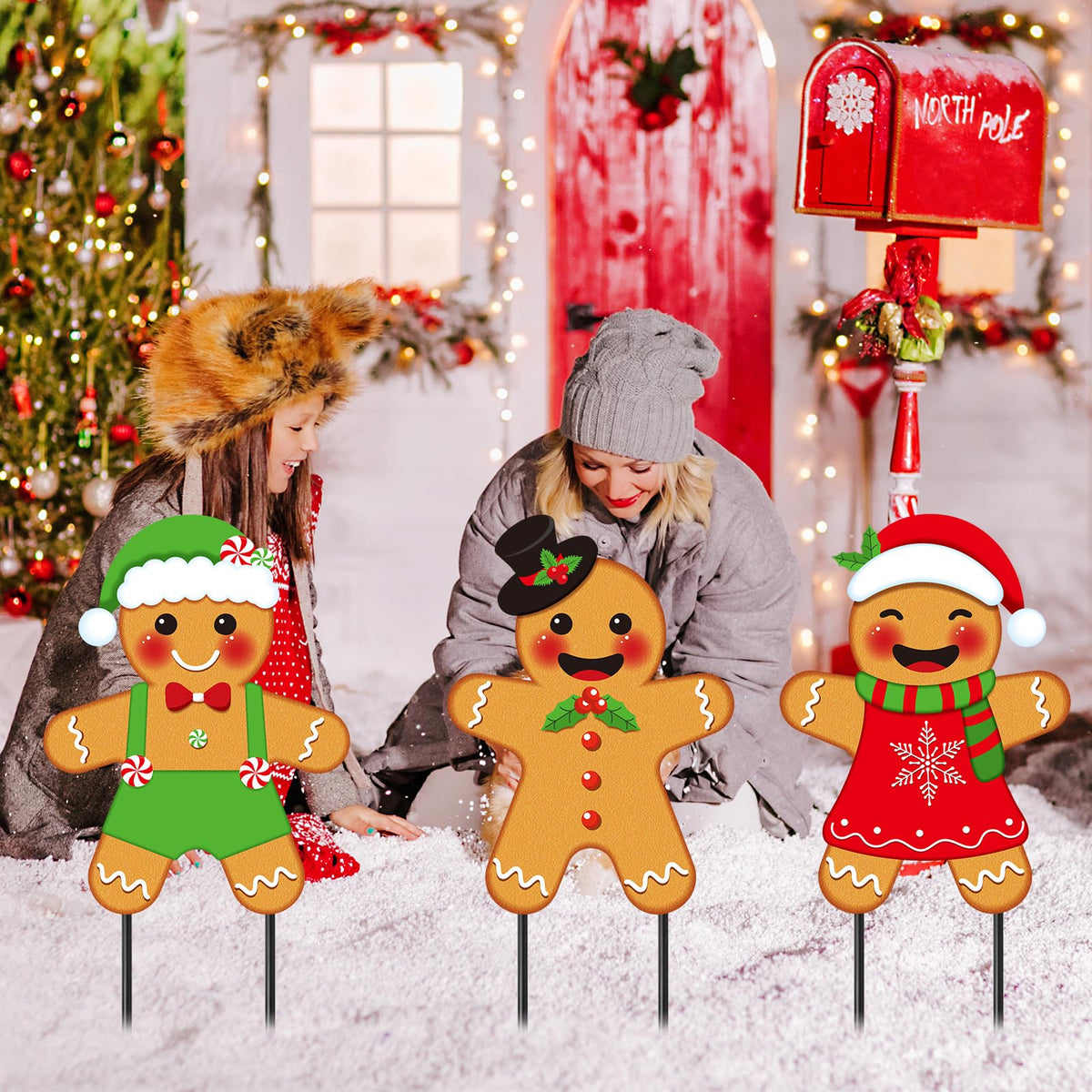 Drydiet 3 Pack Metal Christmas Yard Signs Decor Xmas Yard Stakes Outdoor with Stakes for Holiday Outdoor Garden Lawn Pathway Decoration(Gingerbread Man)