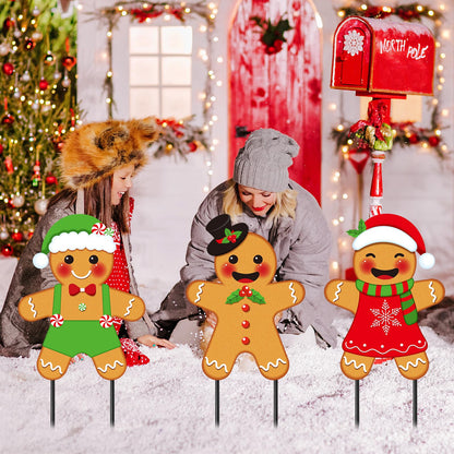 Drydiet 3 Pack Metal Christmas Yard Signs Decor Xmas Yard Stakes Outdoor with Stakes for Holiday Outdoor Garden Lawn Pathway Decoration(Gingerbread Man)
