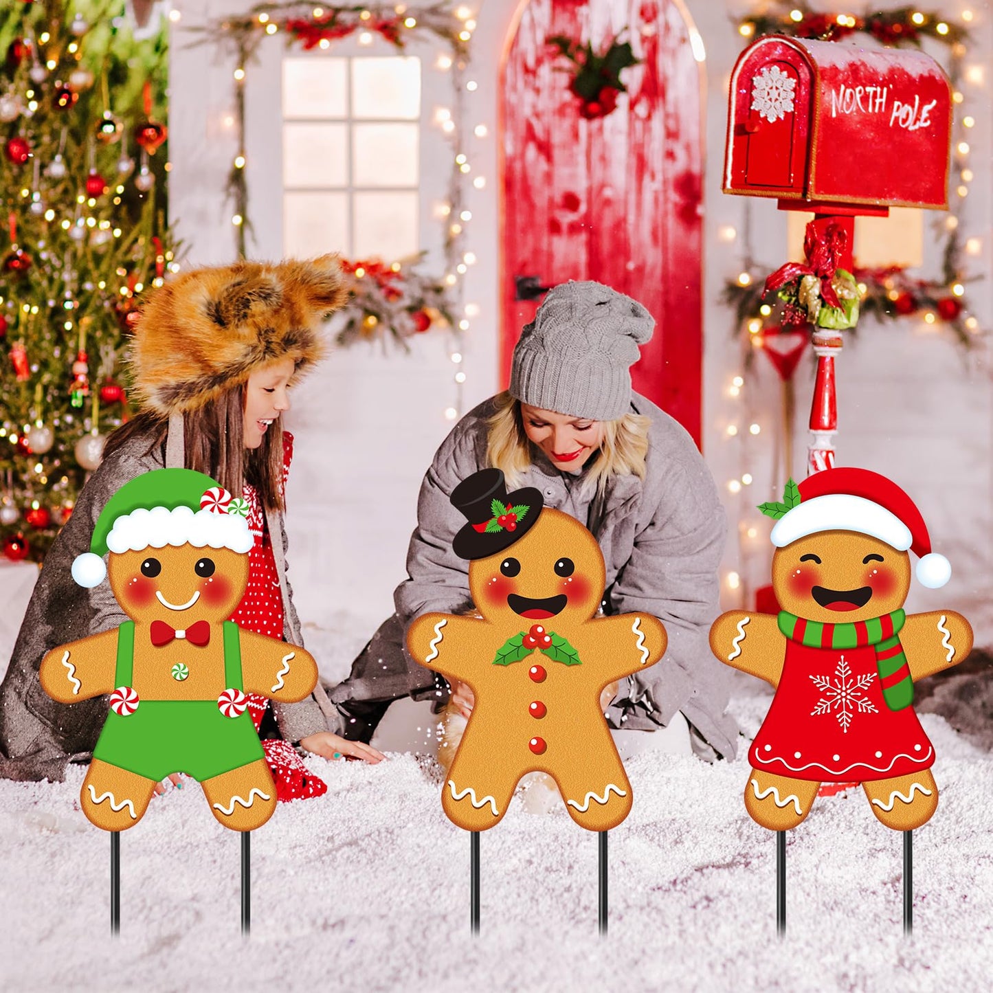 Drydiet 3 Pack Metal Christmas Yard Signs Decor Xmas Yard Stakes Outdoor with Stakes for Holiday Outdoor Garden Lawn Pathway Decoration(Gingerbread Man)