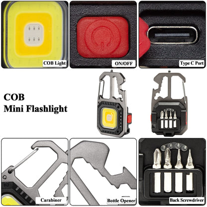 Rugtol Cob Keychain Work Light, Cob Rechargeable Key chain Light, 1000lumens Keychain Torch Led Super Bright with 7 Lights Modes, Mini Keyring Torches with Screwdriver Bottle Opener for Outdoor Hiking