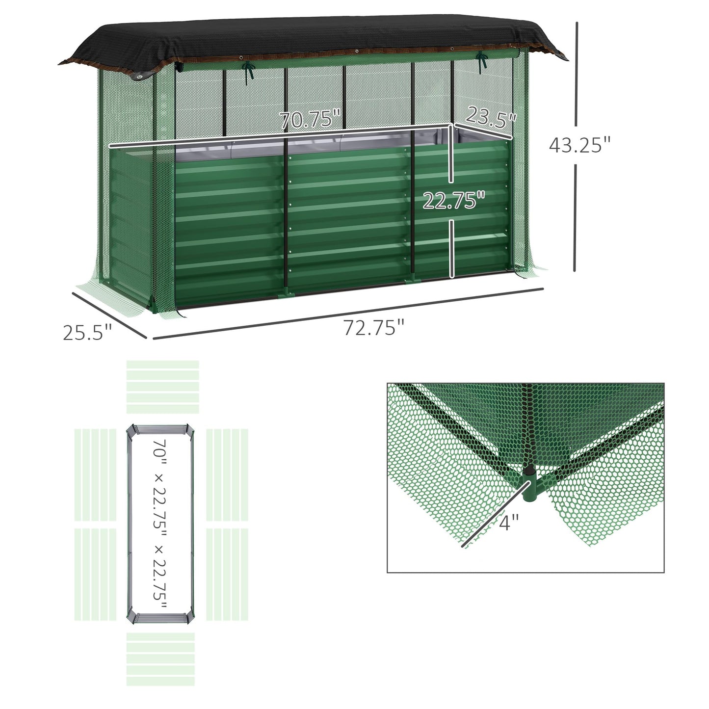 Outsunny 5.9 x 2 x 1.9 ft Galvanized Raised Garden Bed with Crop Cage Plant Protection Net and Shade Cloth Roof, Metal Planter Box with Cover for Vegetables, Flowers, Herbs, Green