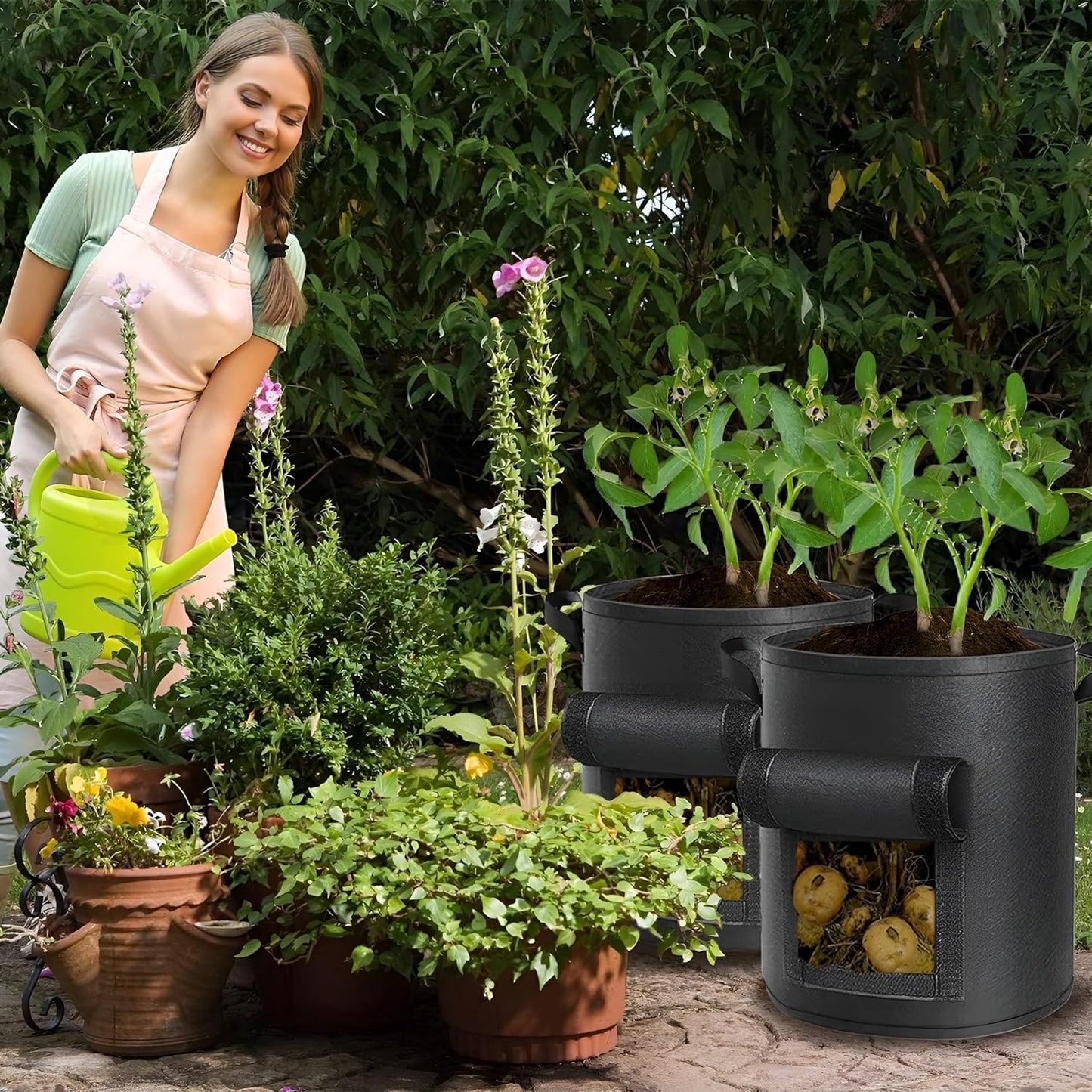 AGOLEAM 4 Packs 10 Gallon Potato Grow Bags, Heavy Duty Nonwoven Fabric Pots with Handles for Planting Vegetables, Flowers