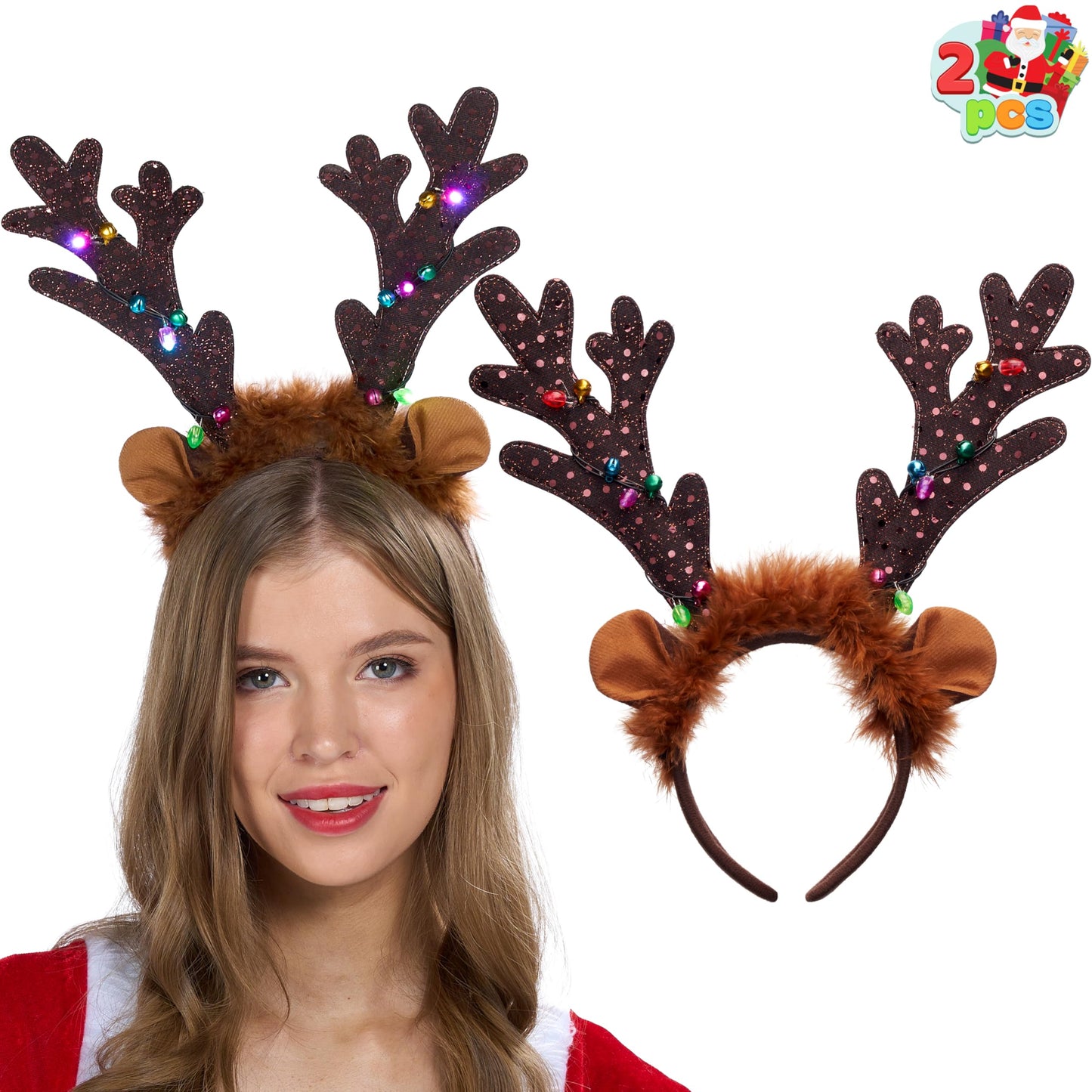 JOYIN Christmas 2PCS Light Up Cute Reindeer Headband Adult Kids Party Favor Supplies, Xmas Accessories for Christmas Holiday Parties, Annual Holiday, Photos Booth