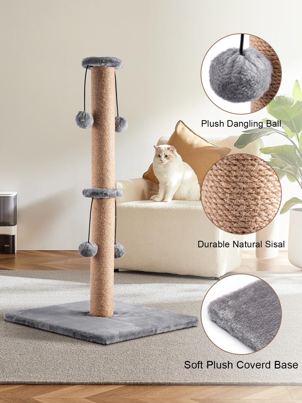 Trintion Cat Scratching Post 74cm Foldable Bottom Tall Cat Claw Scratcher with 4 Toy Ball Natural Sisal Scratch Pole and Soft Carpet Covered Heavy Base Modern Stable Design (Gray 74cm 4Ball)