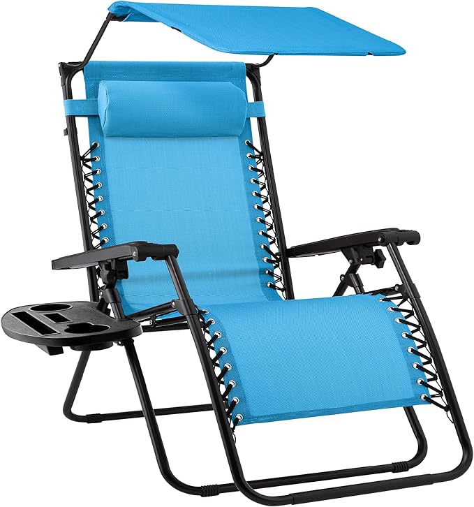 Best Choice Products Folding Zero Gravity Outdoor Recliner Patio Lounge Chair w/Adjustable Canopy Shade, Headrest, Side Accessory Tray, Textilene Mesh - Light Blue