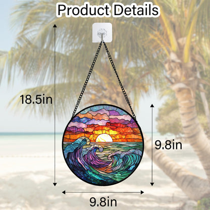 DASTOLL Stained Glass Window Hanging, Clouds and Sea Waves Suncatcher Diamond Glass Panel Hangings Scenery Sun Catchers Decor for Birthday for Women, Men, Wife, Aunt, and Mom 7.8 in