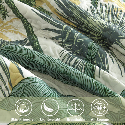 Luxudecor Tropical Plants Quilt Set King Size 3 Pieces Green and Brown Palm Botanical Bedspread Rainforest Style Bedding Set Soft Lightweight Bed Cover All Season 104"x90"