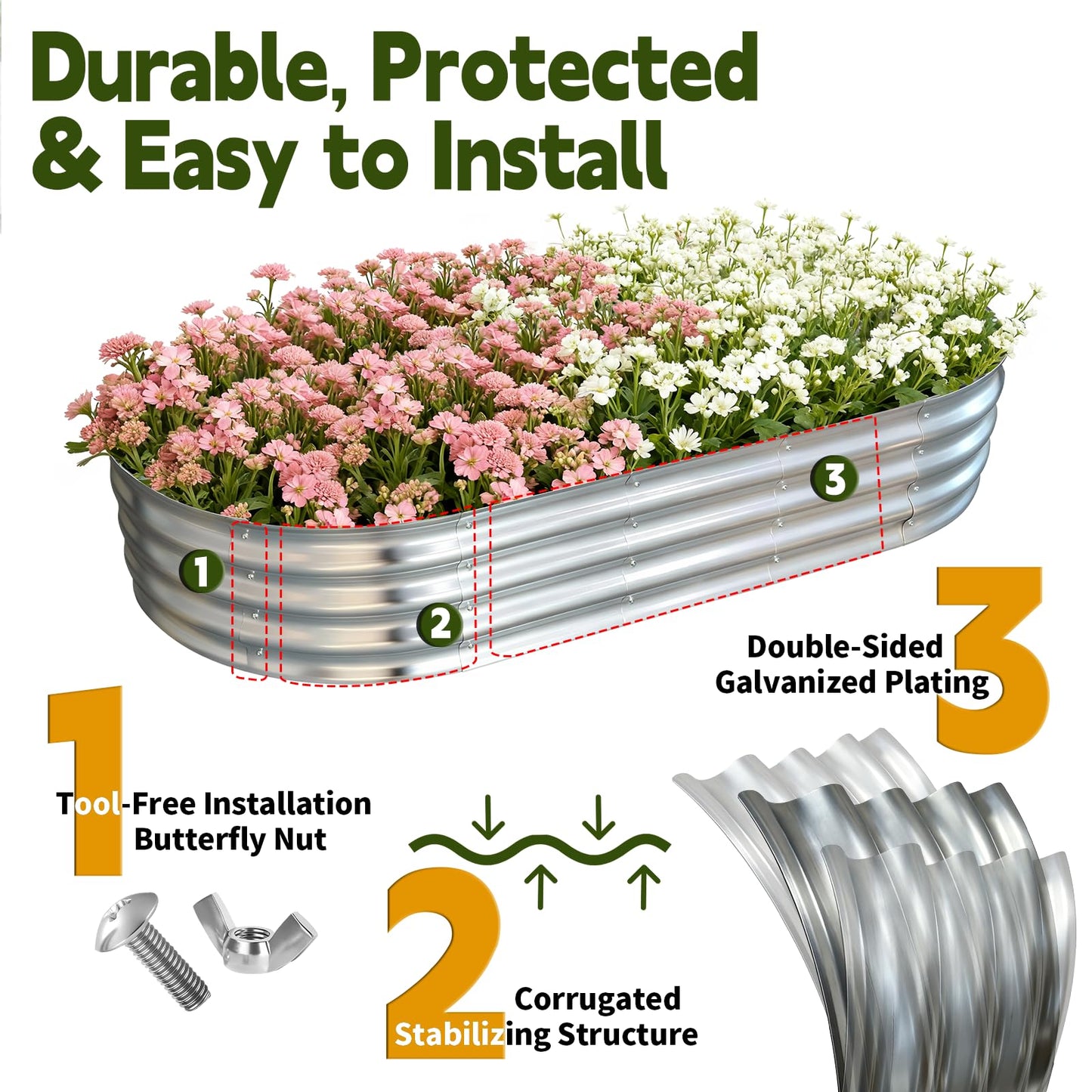 Vivagarden Galvanized Raised Garden Bed Outdoor, Large Raised Bed for Gardening, 6x3x1ft Oval Metal Planter Box for Vegetables, Fruits, Flowers, Silver