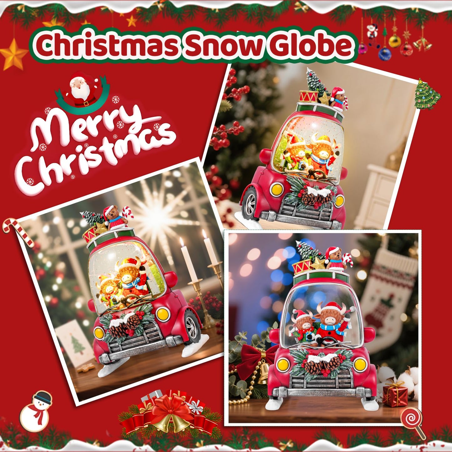 Christmas Snow Globe Lantern with 8 Holiday Music, Christmas Water Snow Globe USB/Battery Powered 6H Timer, Glitter Snowfall Two Bison Scene for Family Friends (Two Bison)