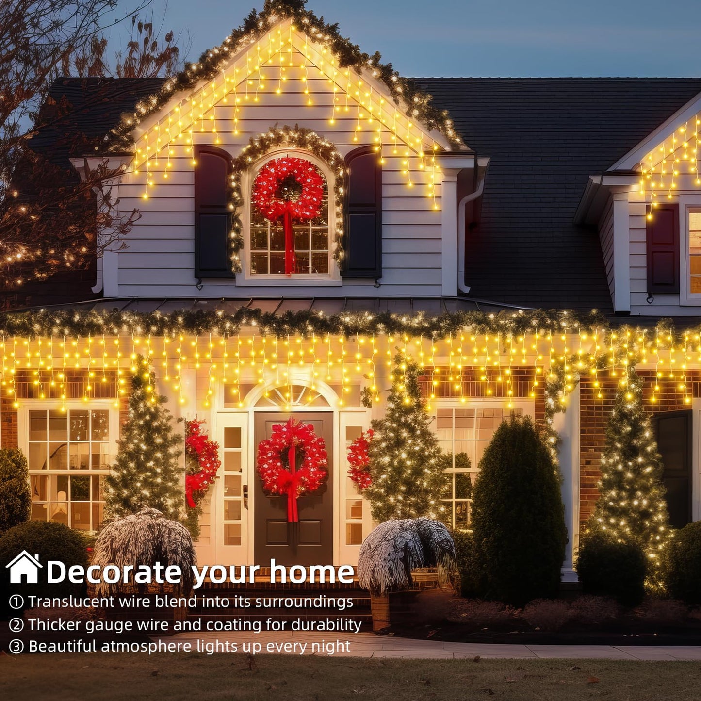 BYIZO Christmas Outdoor Icicle Lights - 480 LED 66+33 FT 8 Modes Curtain Fairy String Light Plug in, Waterproof for Eaves Yard Holiday Xmas Holiday Indoor Outdoor Decoration - Warm White