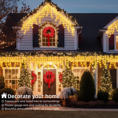 BYIZO Christmas Outdoor Icicle Lights - 200 LED 21+16 FT 8 Modes Curtain Fairy String Light Plug in, Waterproof for Eaves Yard Holiday Xmas Holiday Indoor Outdoor Decoration - Warm White