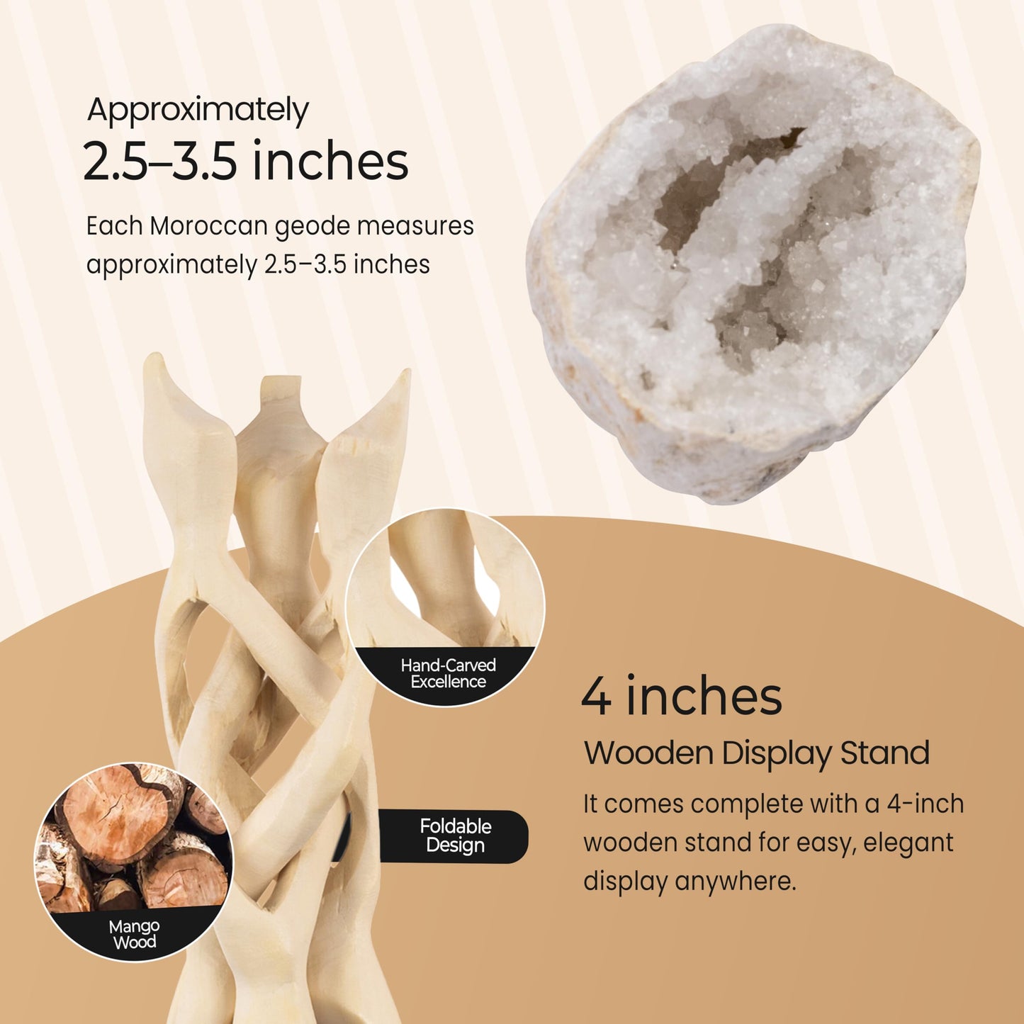 Geode Crystal with Wooden Stand – Moroccan Clear Quartz Crystal Cluster Geode for Meditation, Healing Crystals, Cleansing Energy, & Spiritual Gifts – Crystal Home Decor