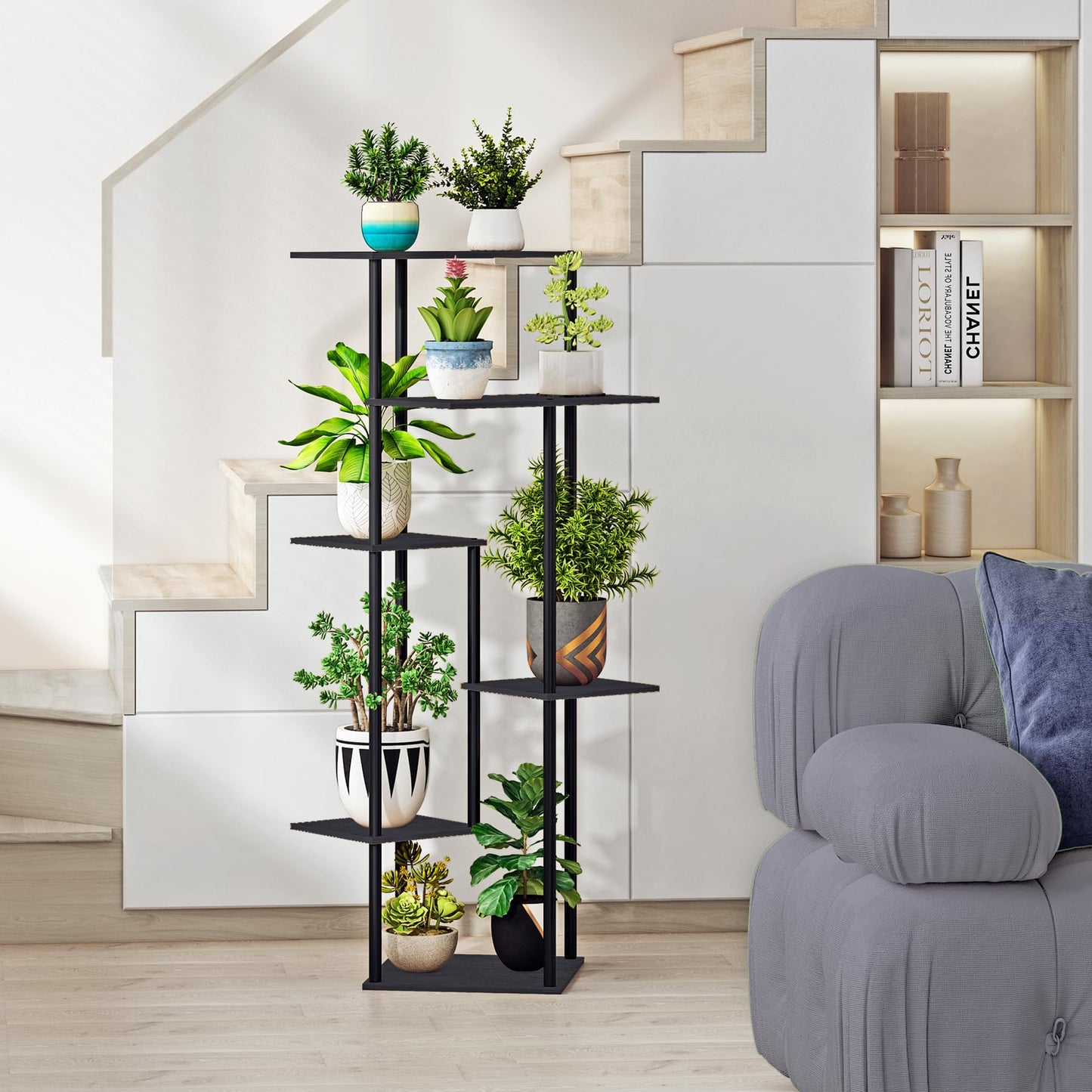 HAYOFAMY 6 Tier Plant Stand Indoor, Tall Plant Shelf Metal Wood Multiple, Flower Pot Holder for Living Room Office Balcony Patio, Black