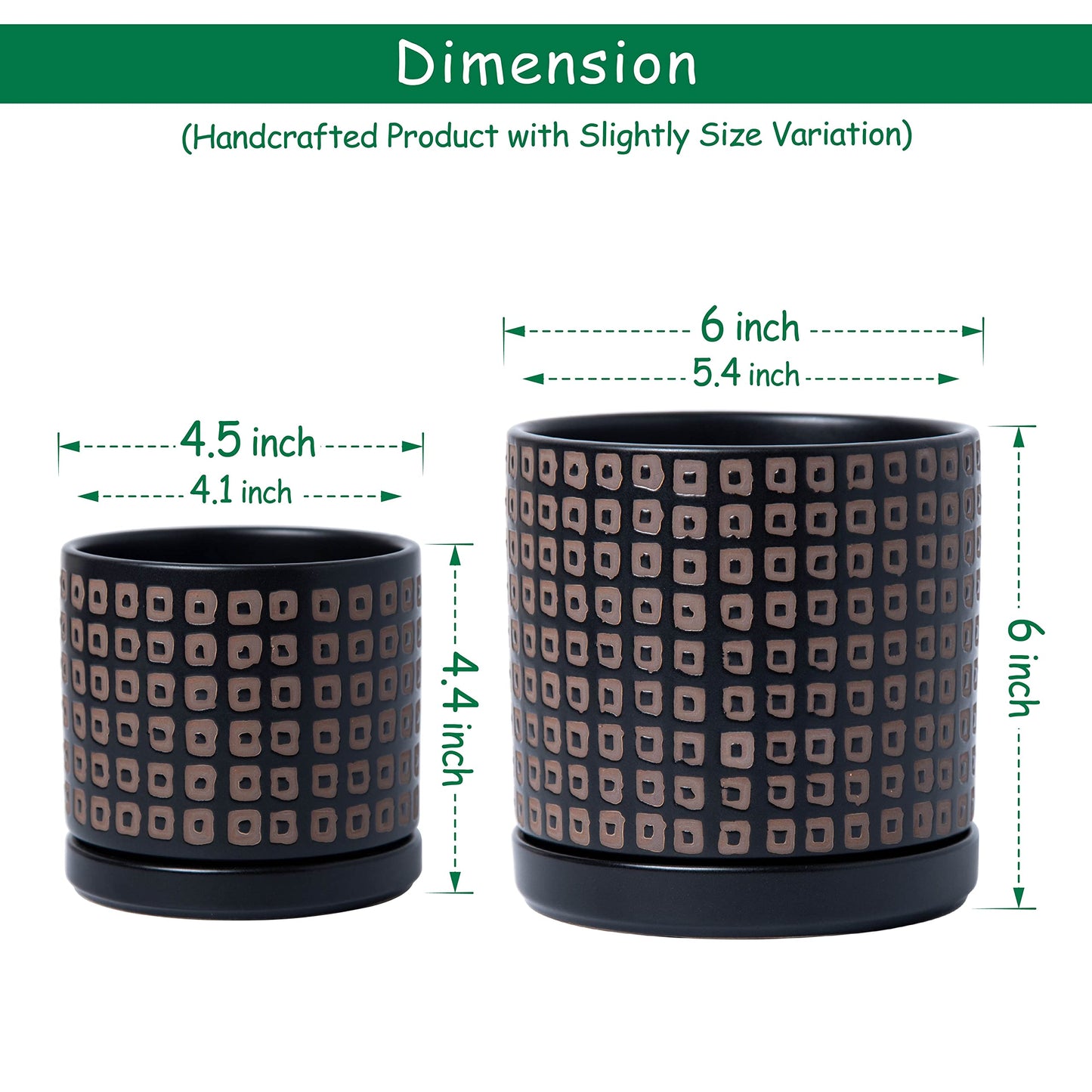 D'vine Dev Set of 2 Ceramic Planter Pots with Drainage Hole and Saucer, 4.5 Inch 6 Inch Plant Pots for Plants Indoor Houseplants, Black, 99-A-2