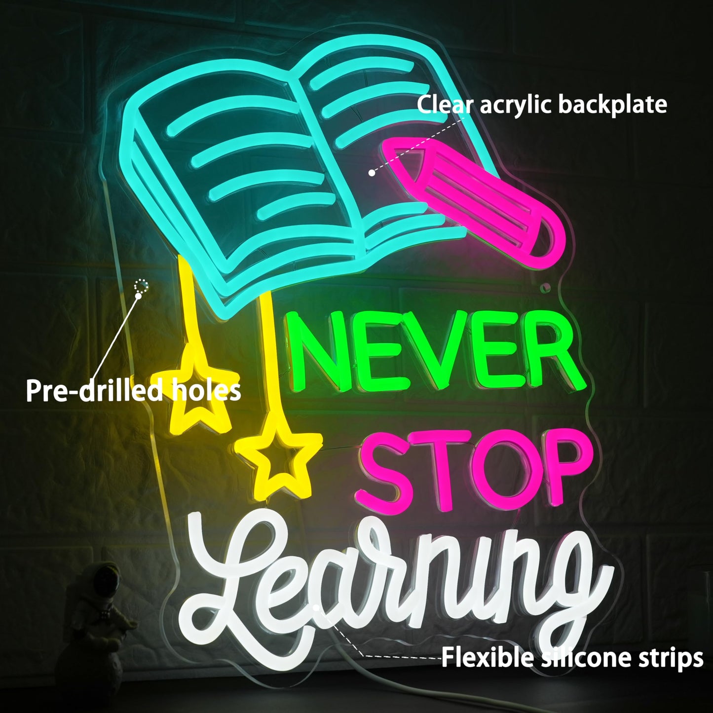 AEHEMNGZ Read Books Neon Sign Led Never Stop Learning Light Up Sign for Wall Decor Dimmable Positive Reading Book Neon Classroom Sign for Learning Room Bookstore Study Room Library