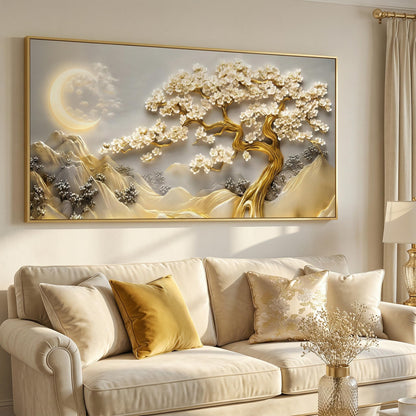 BirdSuite Gold Framed Lucky Tree Wall Art, Framed Canvas Print with Golden Tree & Moon Landscape, Ready to Hang Wall Decor for Living Room Bedroom Office Dining Room Entryway 48x24 inchs