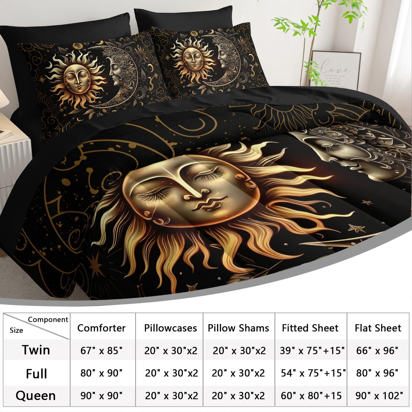 AILONEN Sun and Moon Comforter Set Queen - 7Pcs Soft Black Gold Boho Bed in a Bag -Including Comforter,Fitted Sheet,Flat Sheet,2 Pillowcases,2 Pillow Shams for Room
