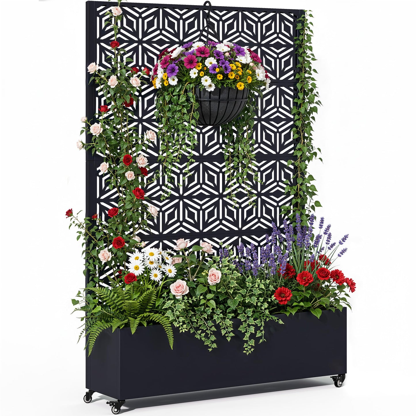 Ultym Metal Planter Box with Trellis, Galvanized Steel Raised Garden Bed with Privacy Screen, Lockable Casters, 73"x47"x16" Planter with Drainage Holes for Outdoor Climbing Plants, Vegetables, Patio