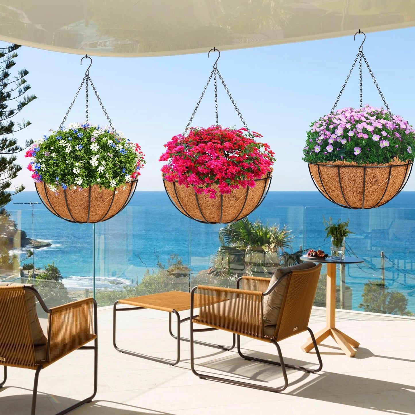 HKZ Hanging Basket Planter Plants Outdoor - 2 Pack 14 Inch Metal Hanging Planter with Coco Liners, Hanging Flower Pots with Chain Hook for Indoor Outdoor Garden Porch Decoration