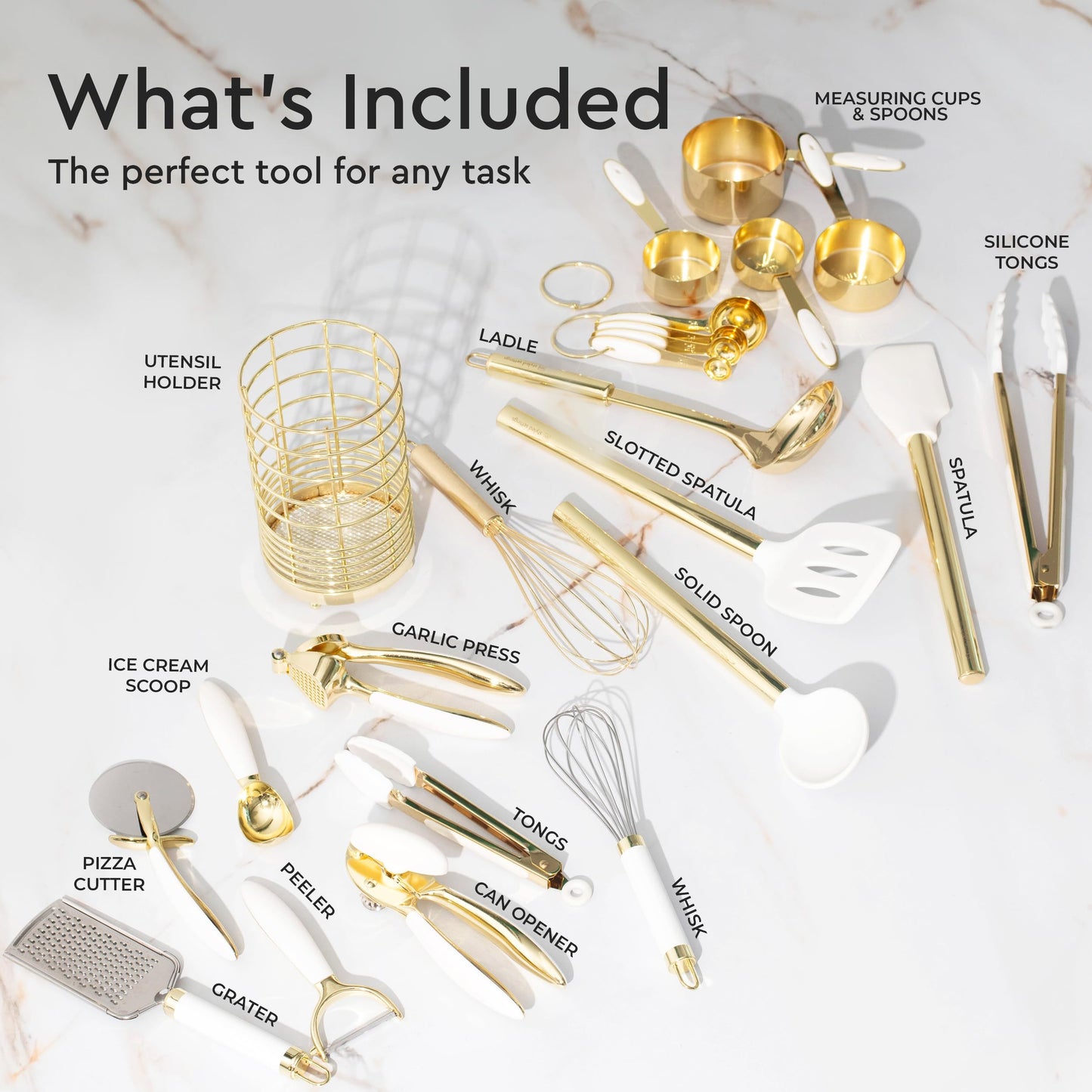 White & Gold Cooking Utensils Set - Luxe 8-Piece Kitchen Gadget Set Includes Can Opener, Tongs and Garlic Press - Stylish White and Gold Kitchen Accessories for Modern Kitchens, Ideal for Gifting