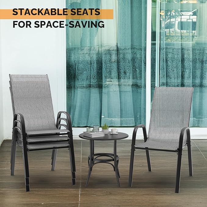 VINGLI Patio Chairs Set of 2 – Stackable Outdoor Dining Chairs with Comfortable Sling High Back Chairs and Armrests for Lawn, Poolside, Courtyard, Balcony, Garden, Silver Gray