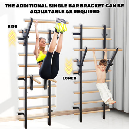 PreGymnastic Stall Bars, Swedish Ladder for Adult and Kids, Wall Bar with Solid Beech Wood Rods, Durable Steel Frame, Adjustable Pull Up and Dip for Strength, Flexibility at Home Gym, Studio