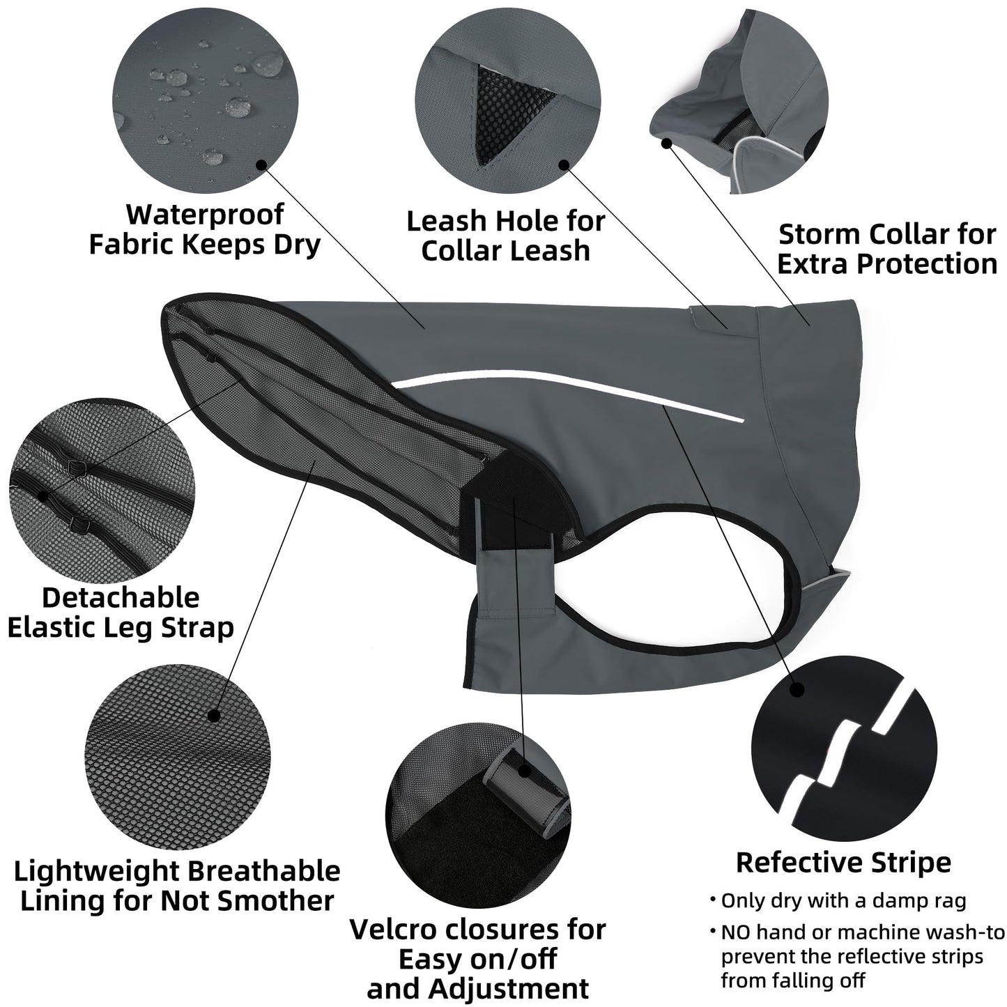 Mile High Life | Dog Raincoat | Adjustable Water Proof Pet Clothes | Lightweight Rain Jacket with Reflective Strip | Easy Step in Closure (M,Gray)