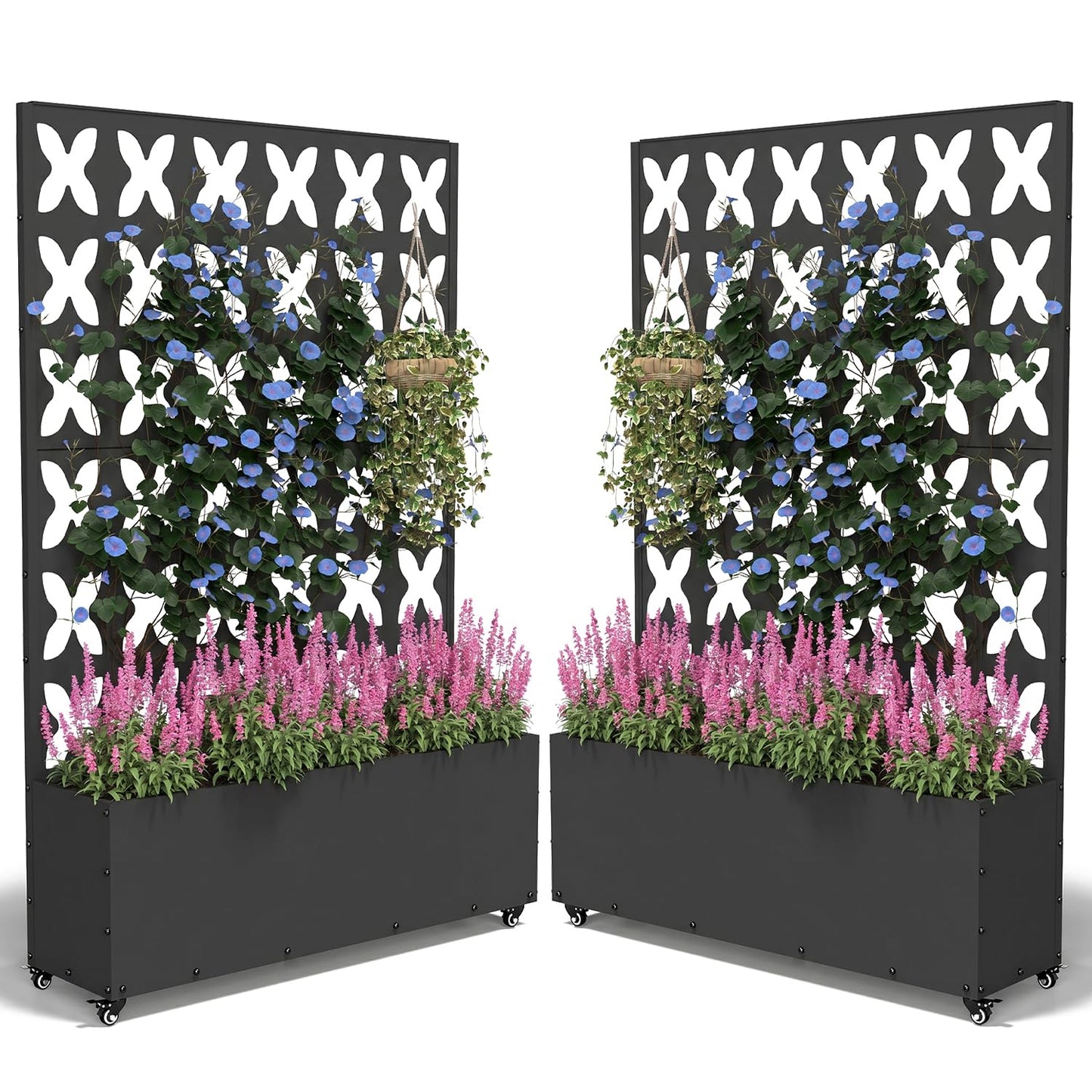 FOLAWO 2PCS Metal Planter Box with Trellis,70.9"x47.2"x15.7" Raised Garden Bed with Drainage Holes, Privacy Planters for Outdoor Garden Bed for Climbing Plants,Vegetables,and Vines, Black-X