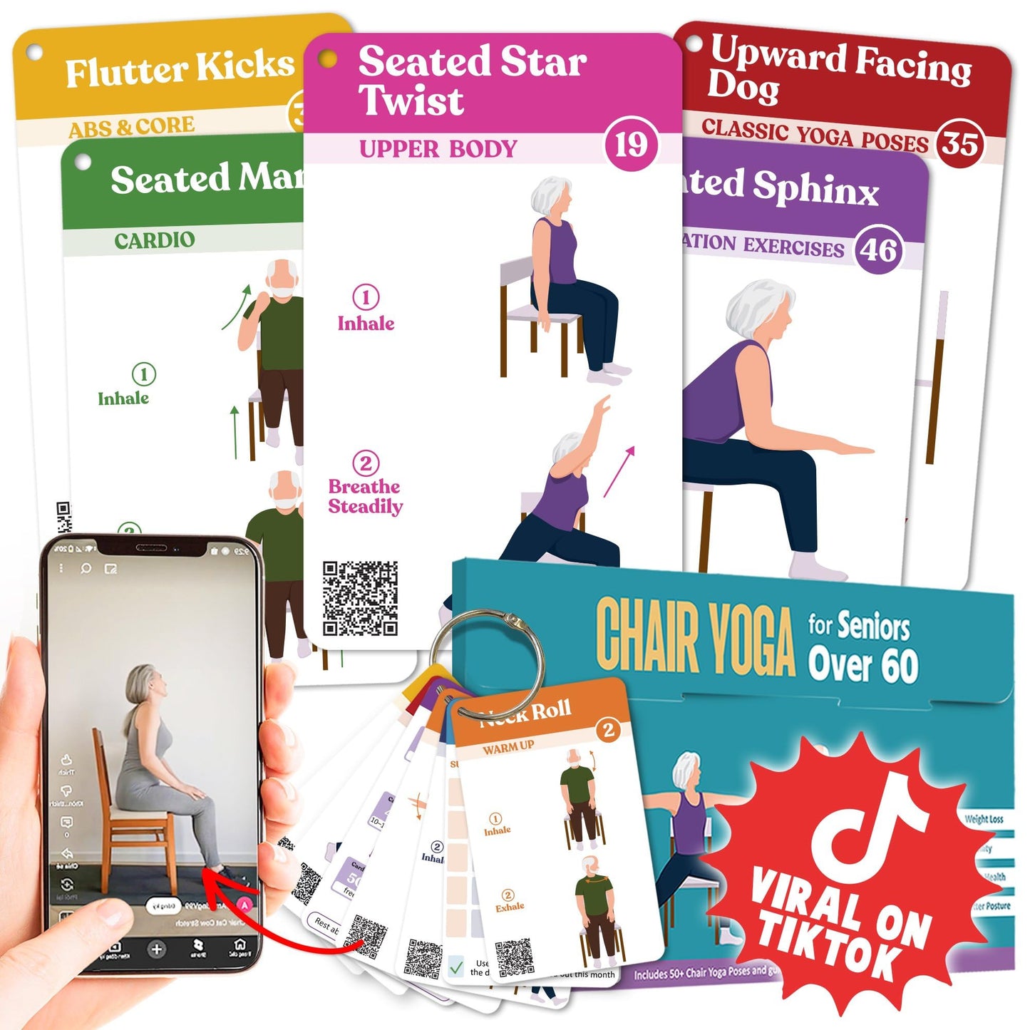 Chair Yoga for Seniors Over 60, Thoughtful Valentine Gifts for Mom, Dad, Grandparent, Safe & Easy Chair Yoga Exercise Cards for Strength, Relaxation & Recovery,