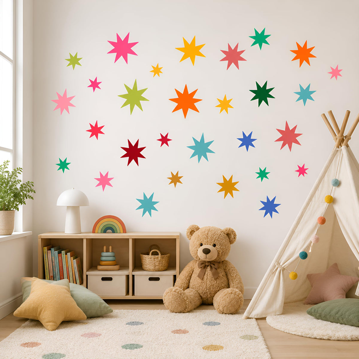 Wild Earth Colourful Stars Wall Stickers, Cosmic Carnival Wall Stickers, Removable Fabric Sticker, Wallpaper Effect Wall Sticker Irregular Star Wall Sticker Decals Nursery Playroom Decor (68 PCS)