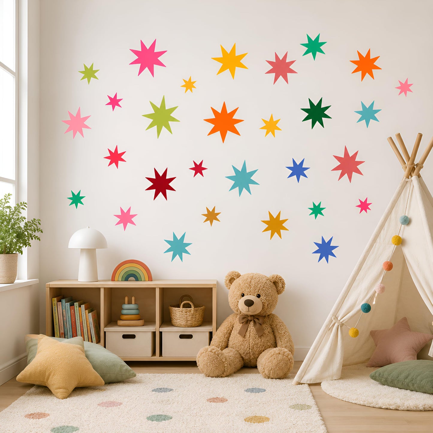Wild Earth Colourful Stars Wall Stickers, Cosmic Carnival Wall Stickers, Removable Fabric Sticker, Wallpaper Effect Wall Sticker Irregular Star Wall Sticker Decals Nursery Playroom Decor (68 PCS)
