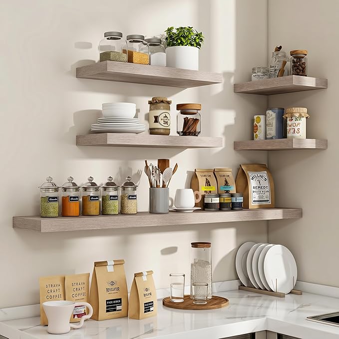 Acovy 16 Inch Floating Shelves, 3D Textured Wood Grain, Wooden Shelves